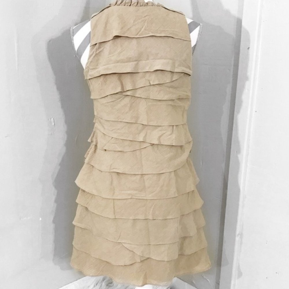 Tiered Sleeveless Mini A Line Tan Boho Chic Casual Dress Bejewelled Rock Detail - Picture 5 of 11